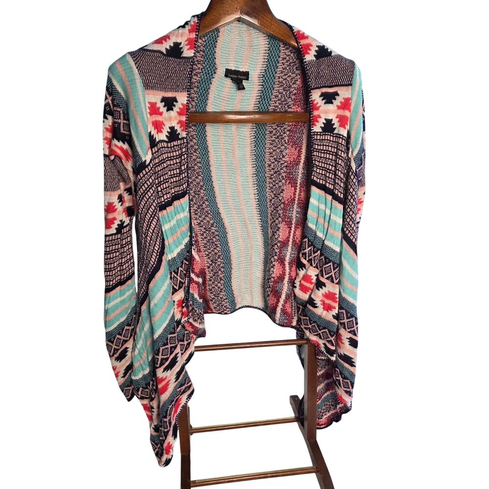 Sweater Project Aztec Geometric Knit Draped Open Front Cardigan Multicolor L